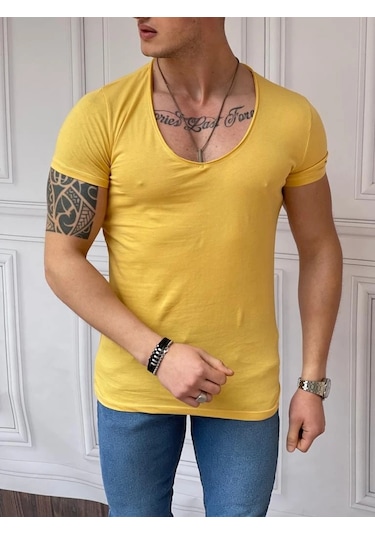 Modefendi Slim Fit Derin Açık Yaka Pamuklu Tshırt Sarı