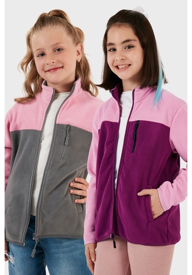 Lela Yumuşak Dokulu Fermuarlı Renk Bloklu Dik Yaka Cepli 2'Li Paket Hırka Çocuk Polar 5905001S2 Şeker Pembe Gri-Şeker Pembe Mor