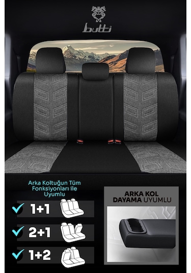 Siyah - Gri Butti Bello Serisi Keten Kumaş Premium Oto Koltuk Kılıfı Ortopedik Destekli, Ön Arka Tam Set