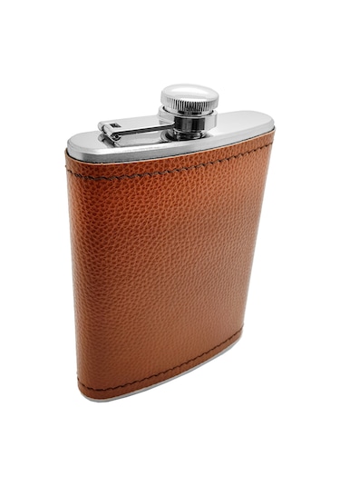 Çelik Üzeri Kahve Deri Kaplı 8 Oz 240 ML İçki Matarası PY96KHV