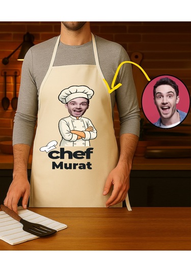 Kişiye Özel Karikatür Fotoğraflı Ve İsimli Mutfak Önlüğü Chef Tasarımlı 1 Krem