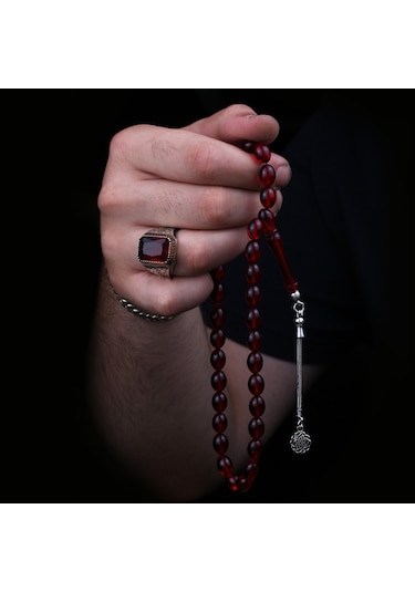 Fkgümüş 925 Ayar Gümüş Kırmızı Sıkma Kehribar Taşlı Yüzük Ve Tesbih Silver