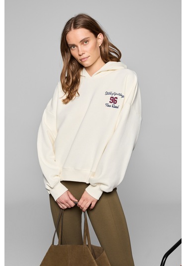 LUXE Kadın Renk Nakışlı Ve Arkası Baskı Detaylı Kapüşonlu Ekru Sweatshirt