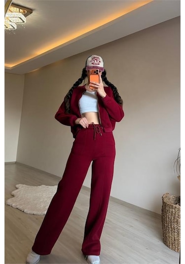 Neşeli Butik Kadın Oversize 3 İplik Cepli Eşofman Takımı Nm029 Bordo