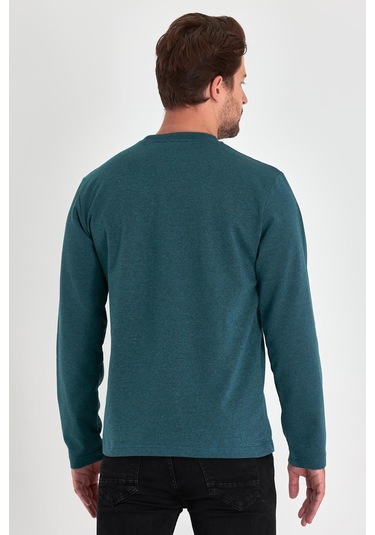 MMetalic Erkek Petrol Çift Bisiklet Yaka Baskı Detaylı Standart Rahat Kesim Sweatshirt Yeşil