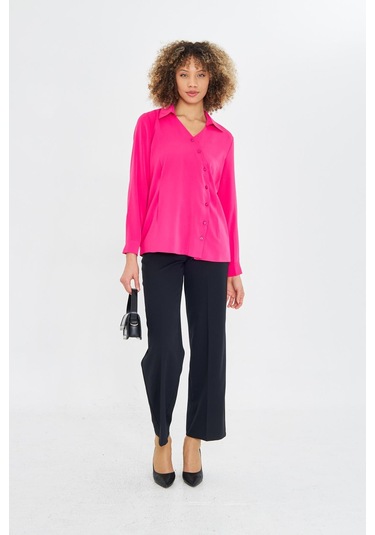 Asimetrik Pile Detay Gömlek Fuşya Fuşya