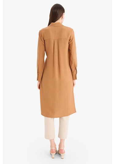 DeFacto Regular Fit Gömlek Yaka Büzgülü Uzun Kollu Diz Altı Tesettür Tunik D9862AX25SMBN301