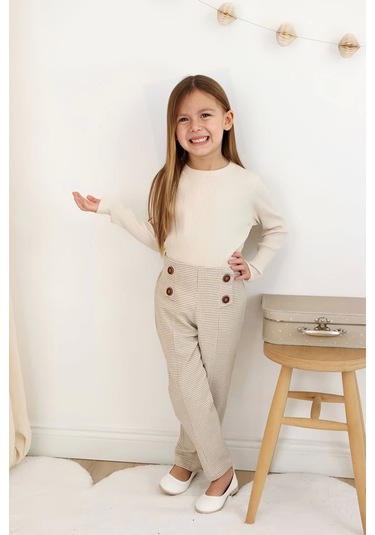 Ekose Pantolonlu Krem Renk Kız Çocuk Takım KREM