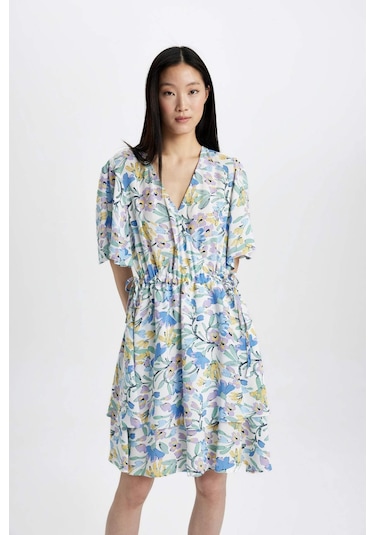 Defacto Wrap Yaka Desenli Maroken Yarım Kollu Mini Elbise C7223AX24SMPR40