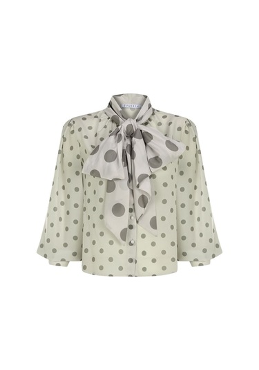 Kadın Puantiye Desenli Fularlı Bluz Frn1003 Bej