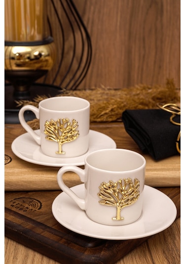 Heda Porselen Hayat Ağacı Altın Kabartma Motif 2 Kişilik Kahve Fincan Takımı