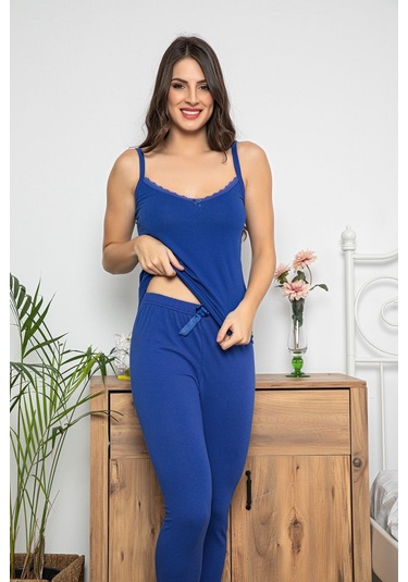 Kadın Saks Renkli Dantel Detaylı Şortlu Ve Taytlı Pijama Takımı 3'lü Set 75006 Saks Mavisi