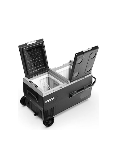 ICECO K75D 12/24Volt 75 Litre Akülü/Kablolu/ Çift Bölmeli Kompresörlü Tekerlekli Outdoor Oto Buzdolabı/Dondurucu (Akü Dahil Değildir)
