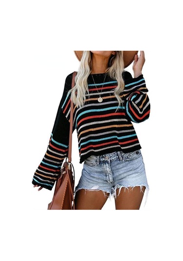 Kadın Uzun Kollu Günlük Düşük Omuz Örgü Kazak Renkli Çizgili Büyük Boy Kazak Üstler Siyah