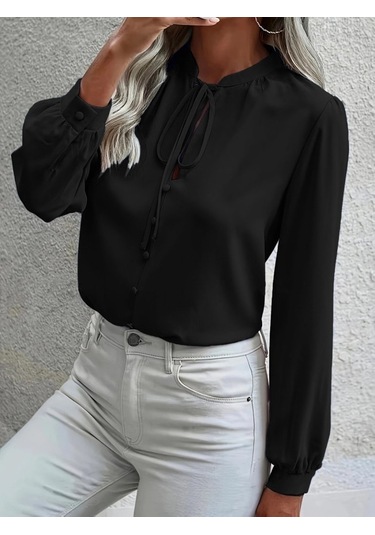 Kadın Uzun Kollu Yakalı Yakadan Bağcıklı Düğmeli Sandy Bluz Siyah