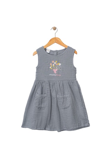 Çiçek Nakışlı Müslin Elbise Gri