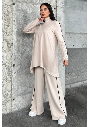 Taş Asimetrik Kesim, Fermuarlı Bluz & Bol Paça Pantolon - Viskon İki İplik Kumaş Alt & Üst Takım Taş