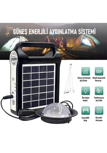 Güneş Enerjili Solar Taşınabilir Powerbank Usb Şarj Kamp Feneri Siyah