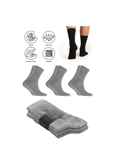 Bambu Erkek Soket Uzun Düz Gri Melanj Çorap Dikişsiz Premium Paket 3'lü / Yıkamalı Kokulu Soft Çorap Gri Melanj