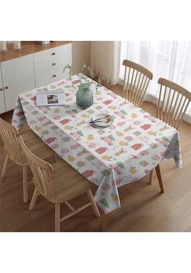 Noel Desenli Dikdörtgen Masa Örtüsü 60x84 İnç, Su Geçirmez Ve Leke Tutmaz Noel Baba Noel Araba