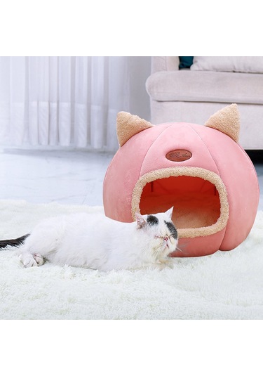 Geekyou Xl Pembe Kedi Köpeği Yatağı - Kışlık Floklu Yalıtımlı Kapalı Konseptli - Çıkarılabilir Yastık Ve Kaymaz Altı İle Konforlu Ev