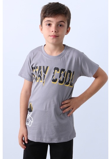 Erkek Çocuk Tişört Stay Cool Baskılı Bisiklet Yaka F18 Gri