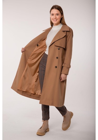 Pastelastore %100 Pamuk Gabardin Uzun 110cm Astarlı Kemerli Kadın Trençkot 1111 Bej