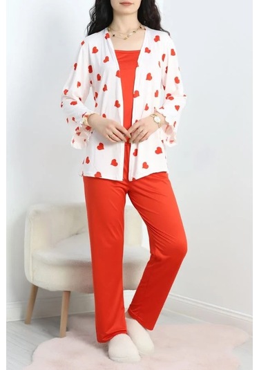 Seka Milan Kumaş 3'lü Set Pijama Takımı Kırmızıbeyaz - 70103.1857. Çok Renkli