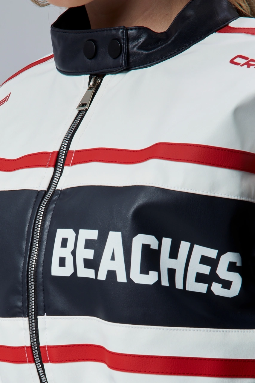 Kadın Deri Baskılı Şeritli Ceket Beli Ve Kolu Lastikli Kolej Hakim Yaka Bomber Yarışçı Motorcu Mont Lacivert