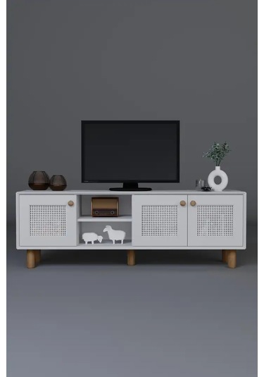 Bohem Serisi Natura Mat Beyaz Pvc Hasır Desen Tv Ünitesi Beyaz
