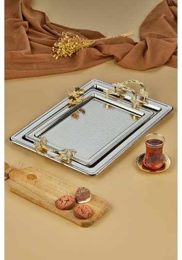 Cooker 2'li Dikdörtgen Paslanmaz Çelik Metal Tepsi Seti Gümüş