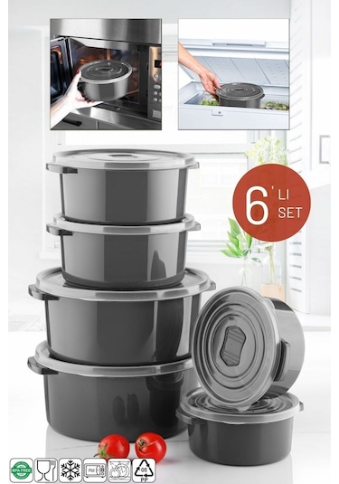 Nandy Home Mikrodalga Difrizde Kullanılabilen Saklama Kabı Seti Yuvarlak 6'Lı Antrasit