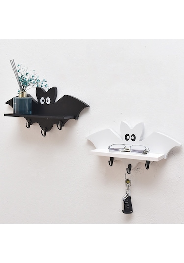 Sones Karikatür Yarasa Şekli Ahşap Duvara Monte Depolama Rafı Anahtarlık 35x17cm Beyaz