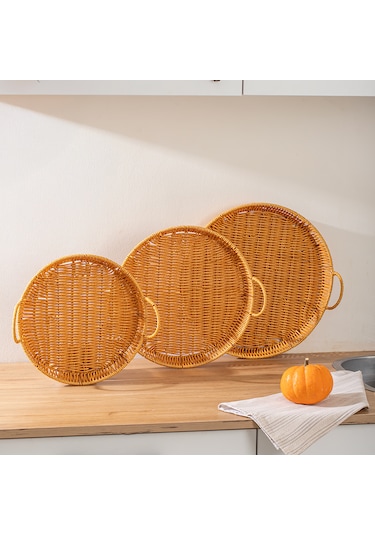 Porsima 710-b Yuvarlak 3'lü Hasır Tepsi Dekoratif Sunum Tepsisi