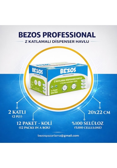 Bezos Professional Z Katlamalı Dispenser Havlu 2 Katlı %100 Selüloz 20x22 Cm 12 Li Koli