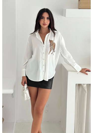 Aslan Desen Baskılı Taşlı Gömlek Beyaz