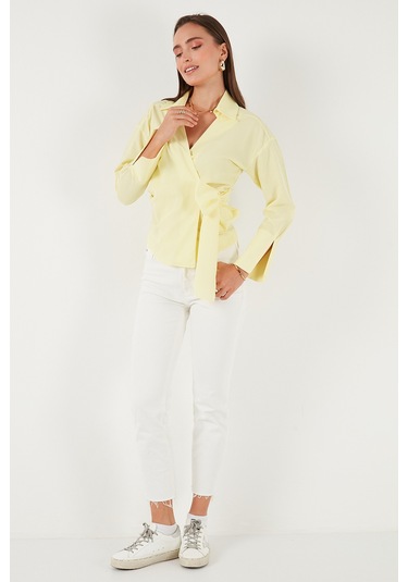 Lela Pamuklu Regular Fit Uzun Kollu Bağlama Detaylı Bayan Gömlek 65200538 Sarı