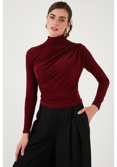 Lela Streç Büzgü Detaylı Slim Fit Dik Yaka Bayan Bluz 669925 Bordo