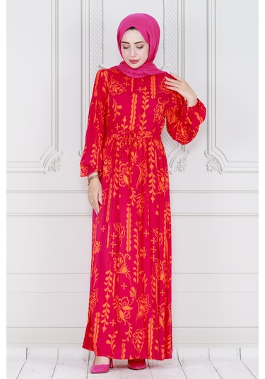 Sevitli Otantik Yarım Düğmeli Viscon Elbise-pembe-4012-pembe Pembe