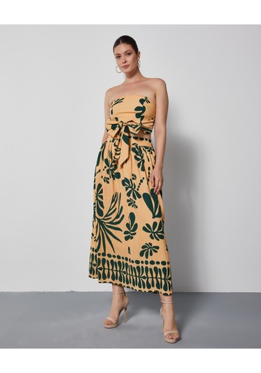 Kadın Straplez Desenli Takım Bağlamalı Büstiyer Ve Bol Kesim Pantolon Etek Bej