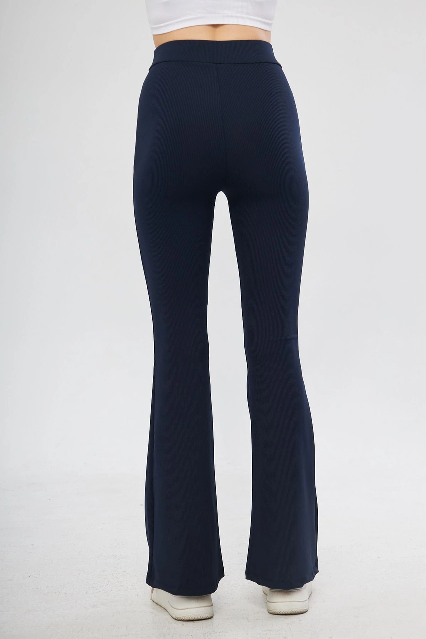 Siyah Yüksek Bel Fitilli Ispanyol Paça Interlok Örme Kadın Tayt Lacivert