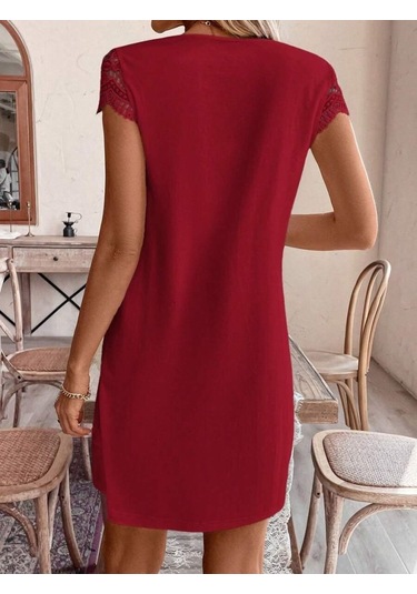 Kadın Kısa Kollu V Yakalı Viskon Elbise Bordo