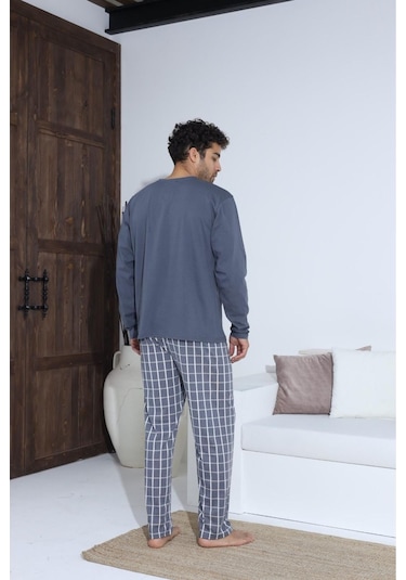 Lukitus Sıfır Yaka Düğmeli Pamuklu Erkek Pijama Takımı Antrasit Byrz70015-a Antrasit