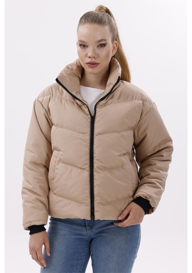 Kadın Dolgulu Puffer Mont - Yüksek Yaka, Suya Dayanıklı Gri