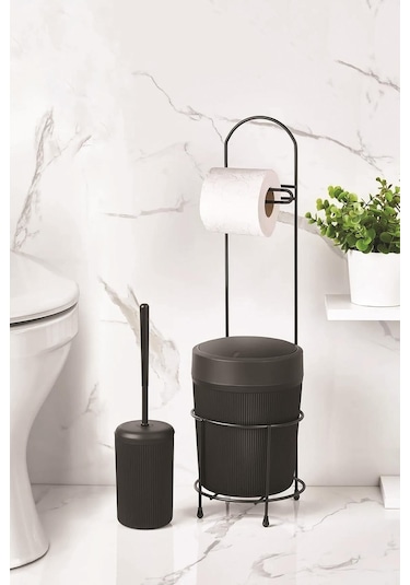 Metal Standlı Yuvarlak Kovalı & Kağıtlıklı & Fırçalıklı Siyah Banyo Takımı