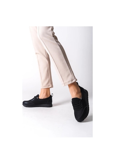 Kadın Galina Siyah Bağcıklı Lastikli Ortopedik Rahat Taban Taş Detaylı Günlük Babet Anne Ayakkabısı-siyah Siyah