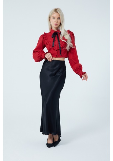 Fiyonk Fırfır Detaylı Poplin Gömlek Kırmızı