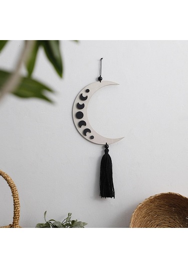 Homyl Püsküllü Siyah Göksel Evre Ahşap Duvar Sanatı Hilal