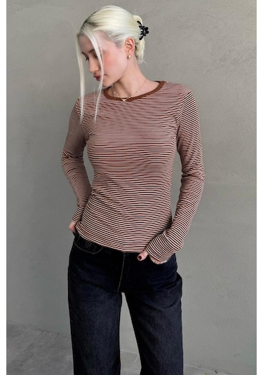 Kahverengi Çizgili Uzun Kollu Kadın Body Mg2657 Kahverengi