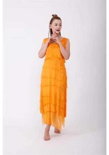 Italyan 2 Beden İnce Gösteren Kat Kat Kolsuz Ipek Elbise-8769 Oranj